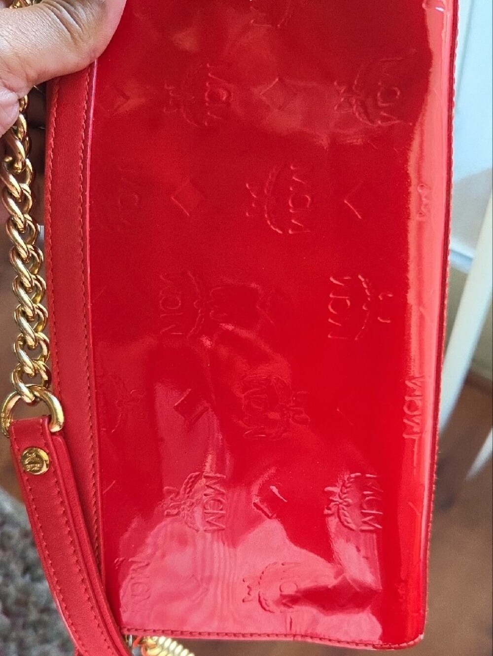 MCM Patent Shoulder Bag in Deep Red with Gold Chain - Picture 14 of 14